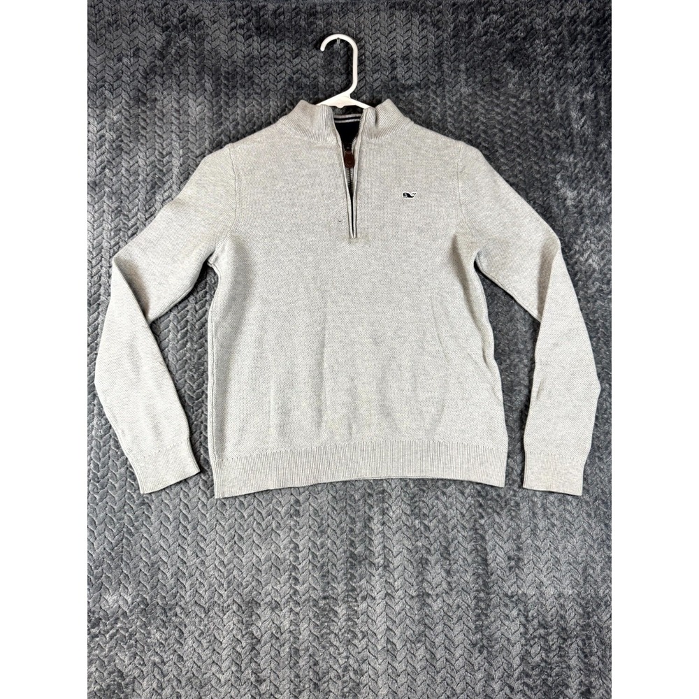 Vineyard Vines Sweater Mens Medium Gray 100% Cotton Open Knit Whale Logo 1/4 Zip